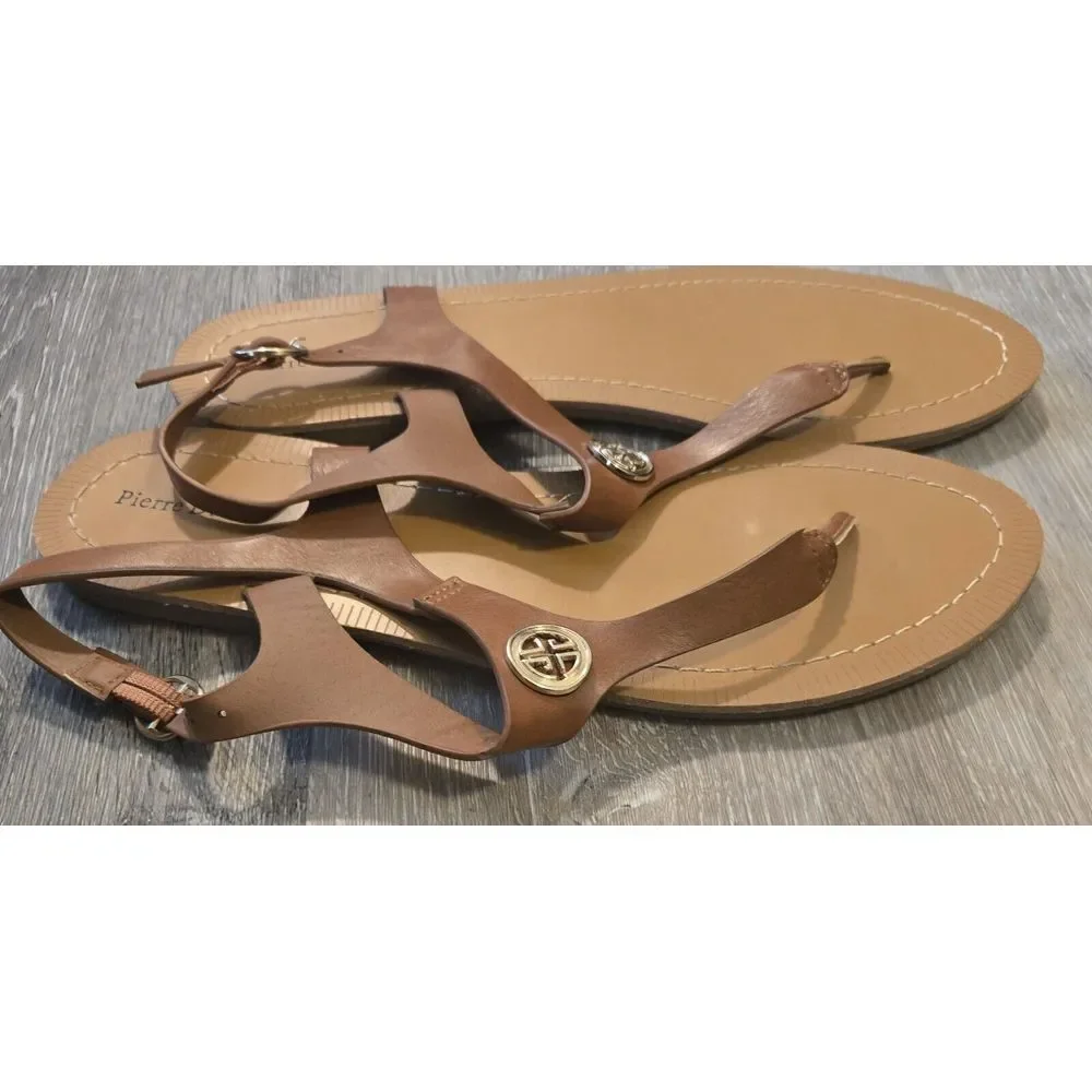 Pierre Dumas‎ Sandals Thong Brown Ankle Strap Gold Medallion Accents 9M